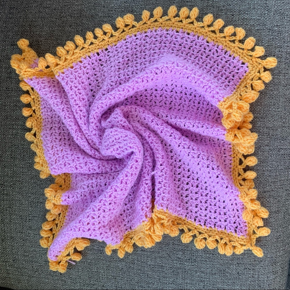 Handmade Crochet Pink Lavender Baby Blanket Orange Pom Pom Bobble Trim Nursery